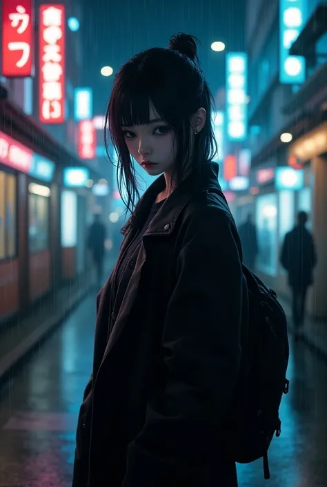 8k, photo RAW,  Meilleure qualité ,  masterpiece:1.2),(Realistic, photo-Realistic:1.37),rue de tokyo,nuit, rain, wet,cityscape,nuit, ville cyberpunk, soft light,1fille,, Extremely beautiful face,to annoy, putting your hands down , Put your hands down , Ran...