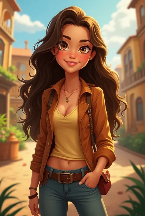 a disney inspired cartoon character with brown hair, honey brown eyes, fair skin, and a little freckles. she has wavy hair and she loves adventure but dresses somewhat casual. she is an older girl, not young. she has a gorgeous body.