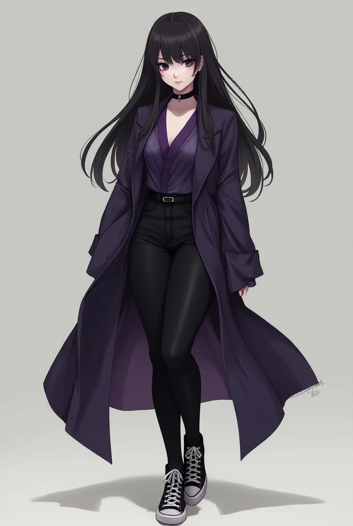  Create an image of a short girl with long hair and dark purple collar, piel Blanca,  huge buttocks dressed with haori from Shinobu Cocho (Pillar of the insect in Demon Slayer )  black pants and black converse shoes 