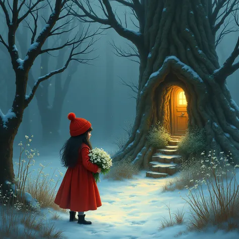 abstraction, dark fantasy, digital art, small strokes,  doll illustration ,  golden light , frost ,  near a house in a tree trunk ,  a hatter girl in a red coat ,  in a fairy forest holds a bouquet of lilies of the valley ,  around a fabulous winter forest...