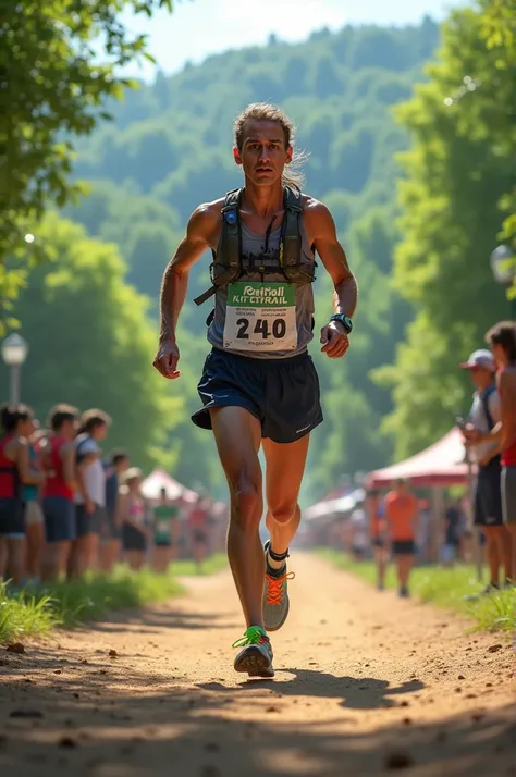 A trail runner at the finish of the Paris Ecotrail in a sock