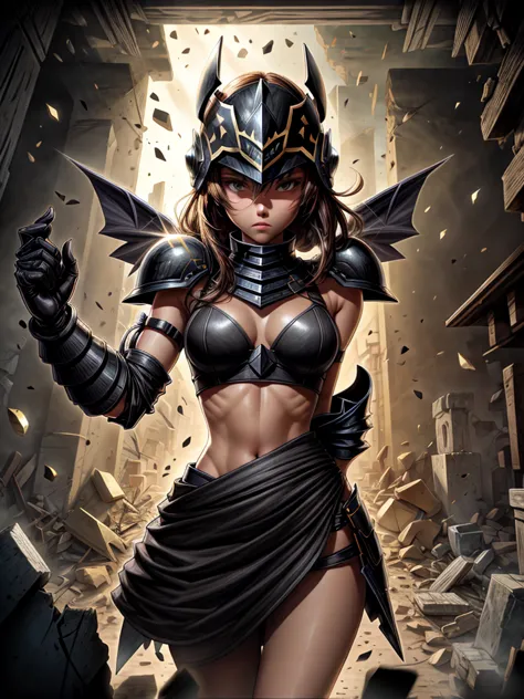 detailed 8k women's paladin helmet and mask with large iron shrapnel wings all black attack mode(from the waist up) inside the r...