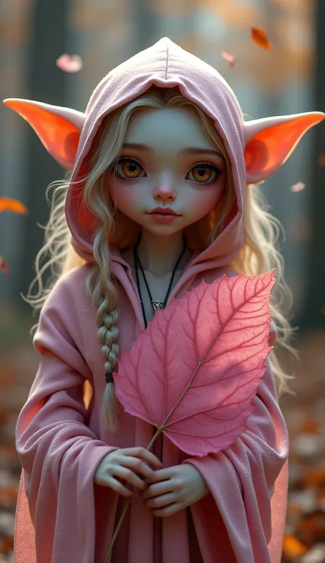 score_9, score_8_above, score_7_above, (masterpiece, Ultra HD, 8k, 16k, Ultra Detailed), sfw, aboveperbody shot, 1 , goblin, pink eyes,  hair braided on one side , pink hair,  holding a pink leaf , pink hooded dress ,  Intricate Details, (leaves muttering ...