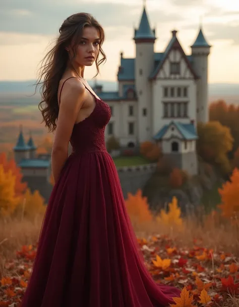 ( photorealistic.masterpiece. UHD)An ultra hot,  beautiful European .
She is 2. 
 Shes on Instagram model.
(( She stands in front of a majestic castle in autumn,  surrounded by golden and red leaves , dancing in the wind. She wears an elegant, floor-length...