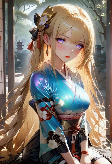 1girl,Long smooth straight golden hair, iridescent eyes,athletic hourglass figure,sitting in jk samurai clothes .masterpiece, super detail,detailed eyes, best quality, 8k,realistic