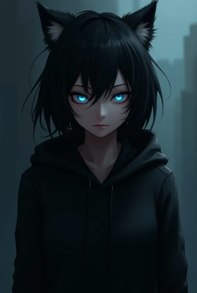 Anime girl, black semi short hair with wolf cut hair, wearing black hoodie, her eyes color glowing light blue, a warrior girl type, cold emotions type