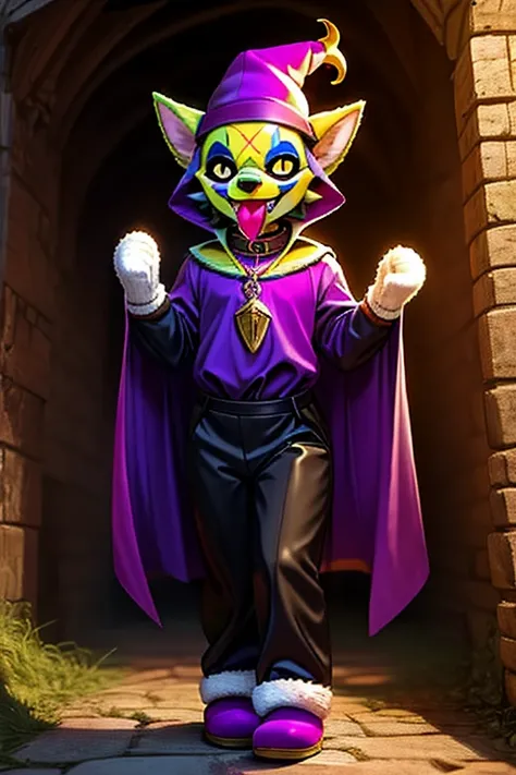 1girl, furry, anime, a furry girl in green and black jester clothes, jester hat, jester makeup, black eyes with small yellow pupils, yellow teeth, long purple tongue, evil smile, holding medieval mowing sickle, medieval jester clothes, detailed basement ba...