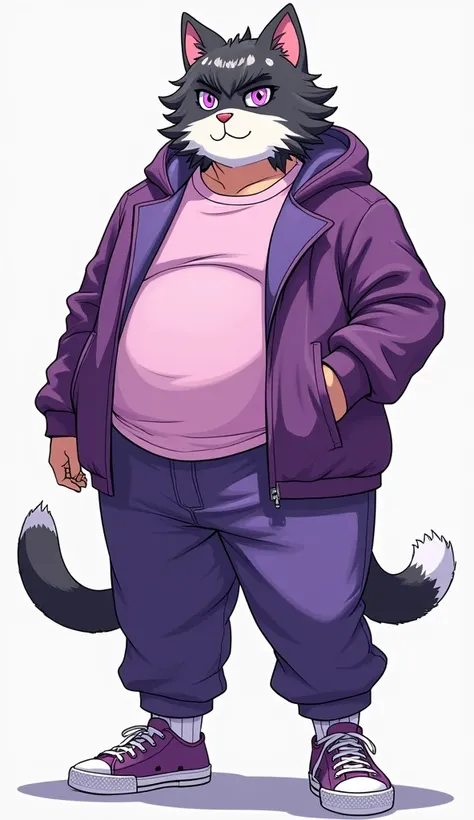 Manga-style full body image, of a man,  half human and half feline ,  with dark gray and ringed hair , purple eyes,  out of shape physical size ,  a little overweight,  with a welcoming smile and kind look, wearing street dance clothes , In purple colors, ...