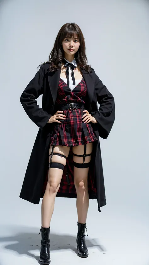 (8k、RAW photo、Best Quality、masterpiece:1.2)、(Realistic、Realistic)、1 person、((Black Dress、Long coat、 plaid mini skirt 、 big breasts at the temple、 medium hair、Black boots、smile、Thin legs、Ribbon on waist、 garter belt 、white background、whole body、 standing wi...