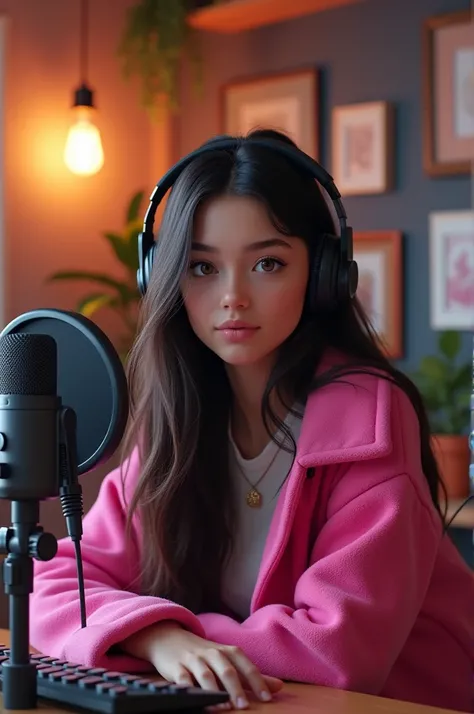 A long-haired dark-black-colored generation Z girl in a pink coat recording a podcast for Spotify, creator of content, brown-eyed white 