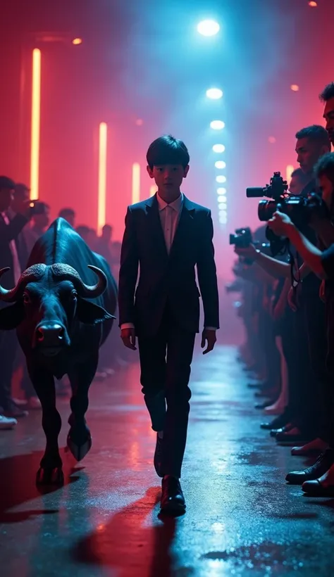 A boy walks confidently down a catwalk, his couture suit reflecting the neon lights and spotlights that create an atmosphere of glamor and tension. At his side, an African buffalo (Syncerus caffer) accompanies him, its enormous form and sharp claws adding ...