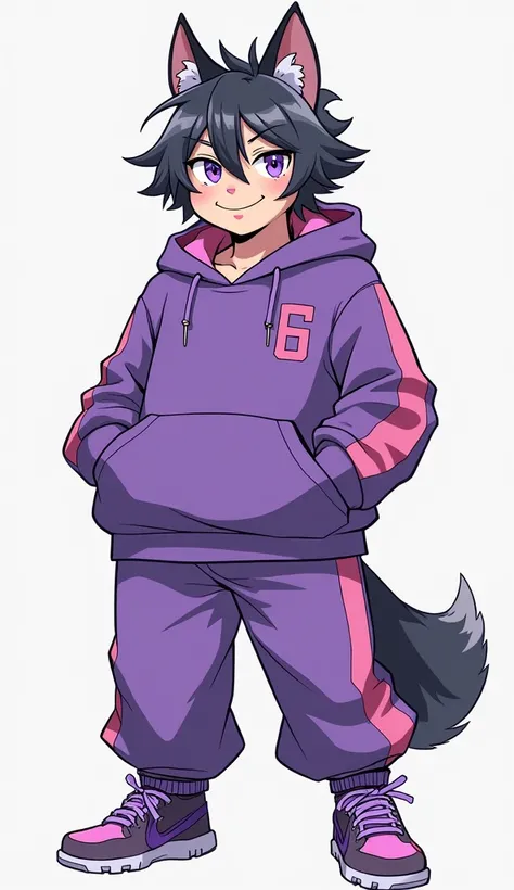 Manga-style full body image, of a man,  half human and half feline ,  with dark gray and ringed hair , purple eyes,  out of shape physical size ,  with a welcoming smile and kind look, wearing street dance clothes , In purple colors, with lilac and pink de...