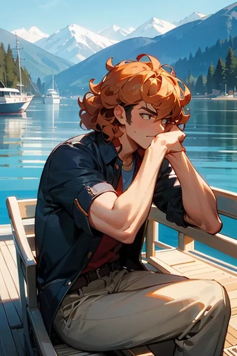  A handsome man , sitting on a boat, near the mountains , pumped up, curly, hair to the nose ,  sits facing us,  but the head is turned to the right