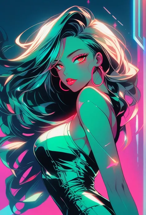 ((illustrator)),mint, Holographic, cyberpunk theme, stylish, sketch, 1womam, lovely, rockstar, shiny lip, jersey wear, order, very modern stylish asymmetry hair,  platinum ((gradient)) neon background, neon, textured crop, (masterpiece, best quality), ((dy...