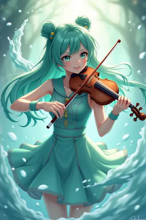 Make me an image of a young adult Sailor Neptune with long mint green hair wearing her mint green scout dress while playing the violin and surrounded by water jets full HD anime version 