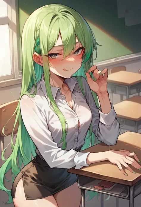 Sexy woman, teacher attire, micro skirt, empty classroom, leaning over your desk, licking lips, heavy blush, hand in her pants, long blond hair with green highlights, small breasts,