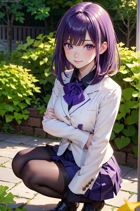 ( best quality , high definition,8k,inelity detailed background, Masterpiece:1.2),beautiful girl,( glossy purple hair :1.3),(long hair:1.2) ,bob cut,Beautiful purple eyes,autumn,school uniform,blazer,skirt,black tights,(zettairyoiki:1.2),Gentle look,A refr...