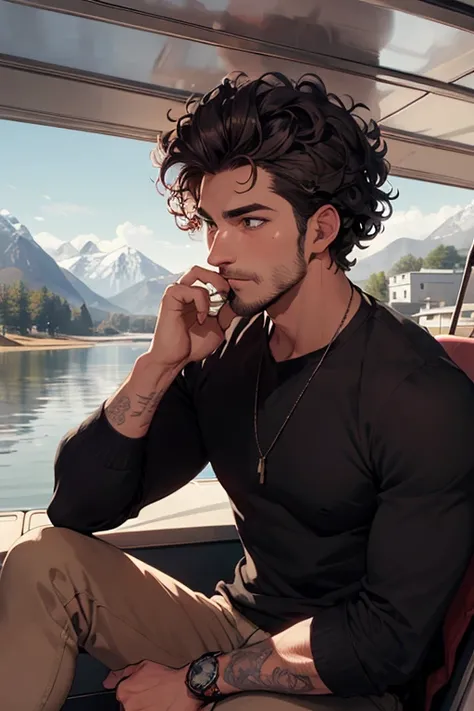  A handsome man , sitting on a boat, near the mountains , pumped up, curly, hair to the nose ,  sits facing us,  but the head is turned to the right