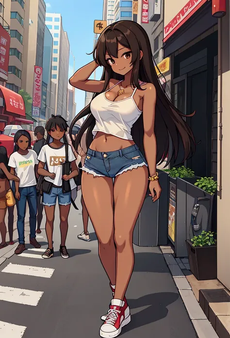 African Girl、brown Skin、 Africa ，long hair，big Breasts、 cleavage、small white camisole、Stretch、 raise your arms、 denim hot pants， denim shorts 、Bare legs、Groin，Standing posture,  Slim Body，In the city,pedestrian crossing，1girl,gyaru,bishoujo,,teen,brown_ski...