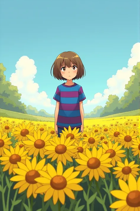 Undertale Friski , blue and purple striped t-shirt, ,  HEAD ON,  standing over yellow flowers 