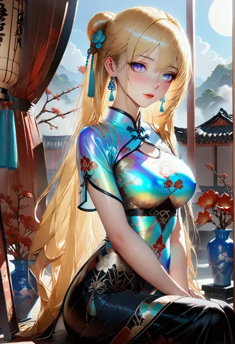 1girl,Long smooth straight golden hair, iridescent eyes,athletic hourglass figure,sitting in jk Chinese clothes .masterpiece, super detail,detailed eyes, best quality, 8k,realistic