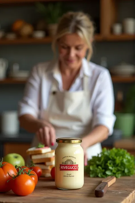 Create an image in a rustic kitchen ,  wooden table with fresh vegetables where a white woman is preparing sandwiches with mayonnaise ,  the mayonnaise jar must be tall with a gold lid the logo must be with red letters in capital letters that say RIVEGUCCI...