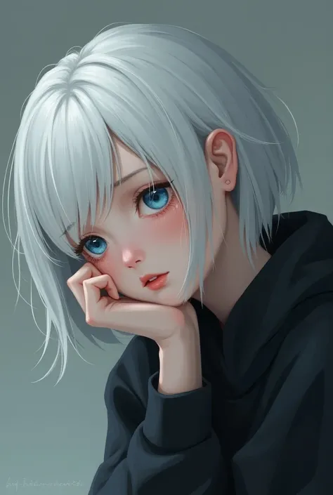 He sits with his hands on his chin and his head tilted to the left, 512x512, avatar, Girl, white hair, fair skin, blue eyes, sad eyes, tears under the eyes, sad face, crying