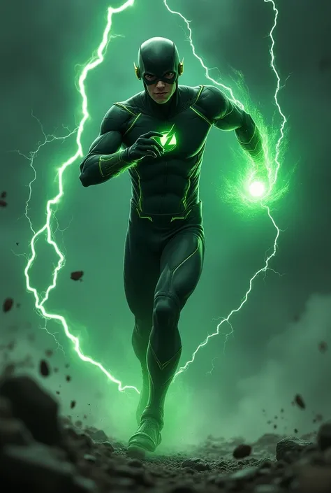 The flash in black and grey colour suit And there is a green colored small stone his hand He is doing magic with that stone and there is lightning flashing in its background And he is running away and attacking in anger