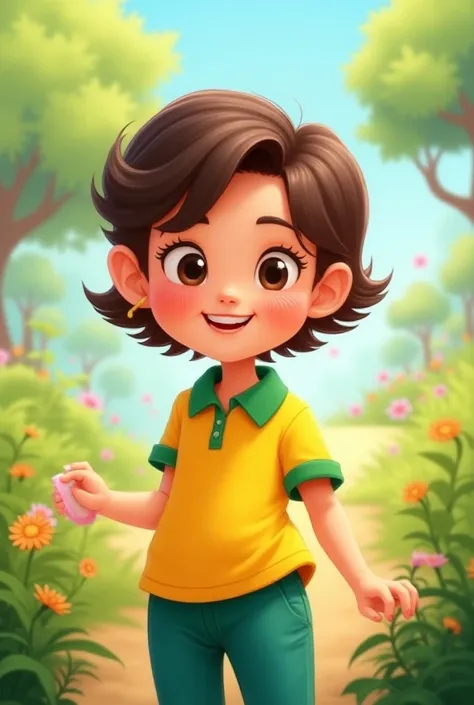 Girl in yellow polo with green sleeves and teal pants, cartoon 