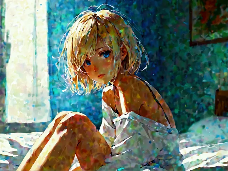 anime girl sitting on a bed, manga style, blond short hair, messy hairstyle, blue eyes, sleepy, sheet covering her legs, japanese pop