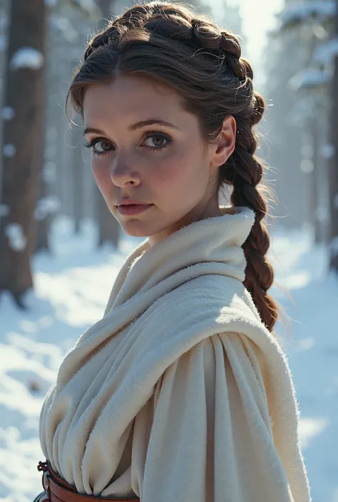 Princess Leia Organa, with her iconic hairstyle from the first film. She is wearing a beautiful and sexy winter outfit. Her face is clearly visible, bright, dark brown eyes. She is in a beautiful place that looks like a winter forest. 