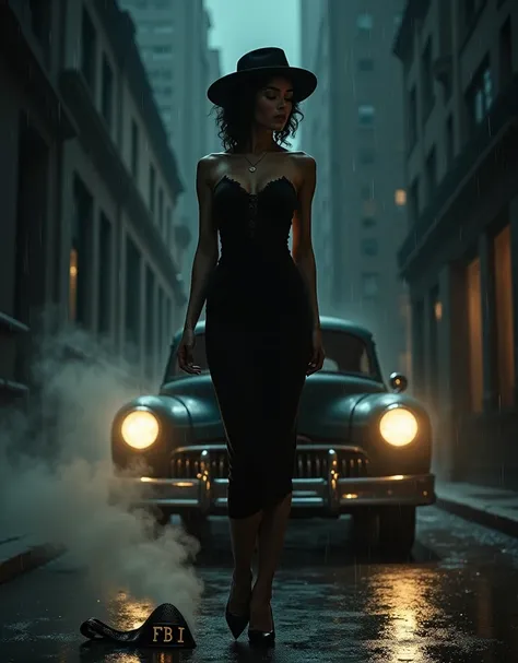 In a smoky, rain-soaked alleyway, a ravishing femme fatale, her curves accentuated by a fitted 1920s flapper dress, stands tall, cigarette smoke curling around her seductive smile. The citys dark skyline looms behind her, as she gazes down at a crumpled FB...