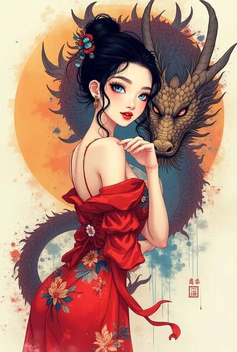 {{{{{illustration}}}}},author：,1 girl,Chinese dragon, russian blonde Girl,female focus on, {{Color ink painting}},{{Ink splatter}},{{Splash of Color}},{{{Colorful}}},{{sketch}}, masterpiece,best quality, Beautifully painted,Very detailed, big pump lips red...