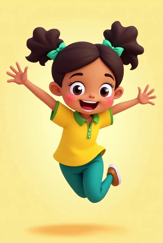 Girl in yellow polo with green sleeves and teal pants jumping, cartoon 