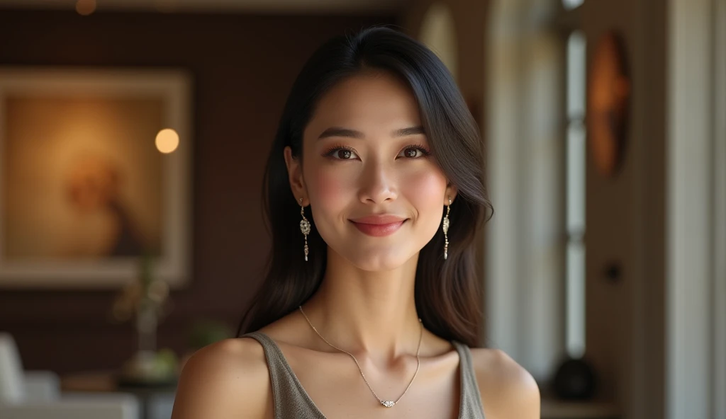 A hyperrealistic full-body portrait in 16:9 aspect ratio of an elegant, sophisticated woman in her late 20s standing in a luxurious setting. She has smooth, dark hair styled neatly, and her refined features show a soft, confident smile. She wears a stylish...