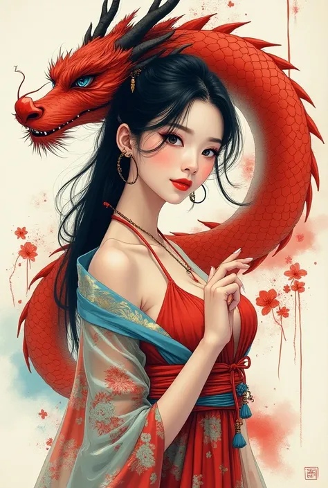 {{{{{illustration}}}}},author：,1 girl,Chinese dragon, russian blonde Girl,female focus on, {{Color ink painting}},{{Ink splatter}},{{Splash of Color}},{{{Colorful}}},{{sketch}}, masterpiece,best quality, Beautifully painted,Very detailed, big pump lips red...