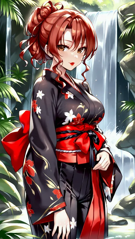 girl of eighteen,  girl with wavy red hair up to her shoulders,  brown eye , red lips,  Sexy Figure ,  wearing black tatsuke hakama ,  breasts that fit snugly ,  pair of red kyahan pants and white tabi socks, Black Belt, and a tight red kimono ,  standing ...