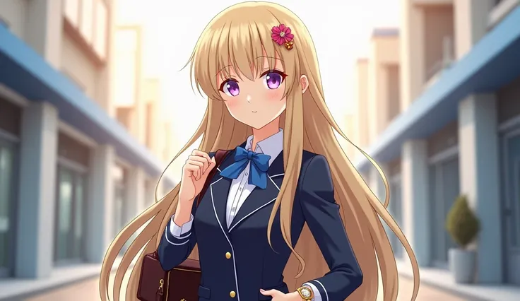 Anime girl, high school student, wealthy, long straight blonde or silver hair, elegant school uniform with a luxury touch, bright blue or purple eyes, wearing expensive accessories like a watch,  and a designer bag. Confident and smart expression. Aspect r...