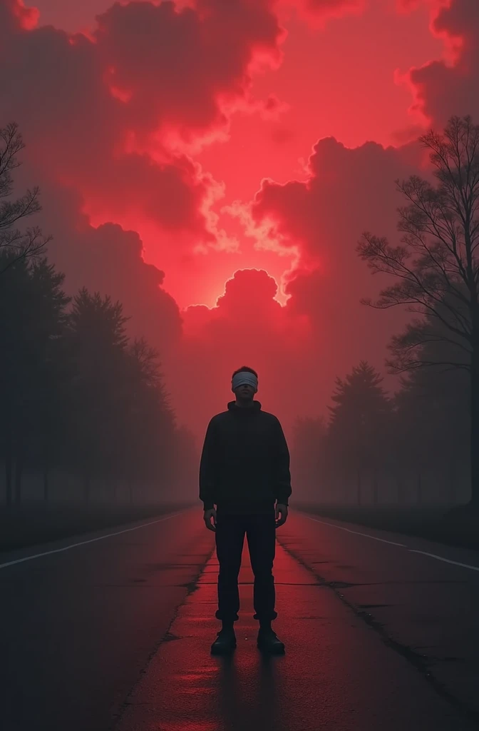 Lonely anti-social mute man blindfolded on the street in red clouds