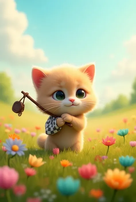 fluffy cat has a stick with bag at the end, checkered on his shoulder. Background beautiful flower meadow