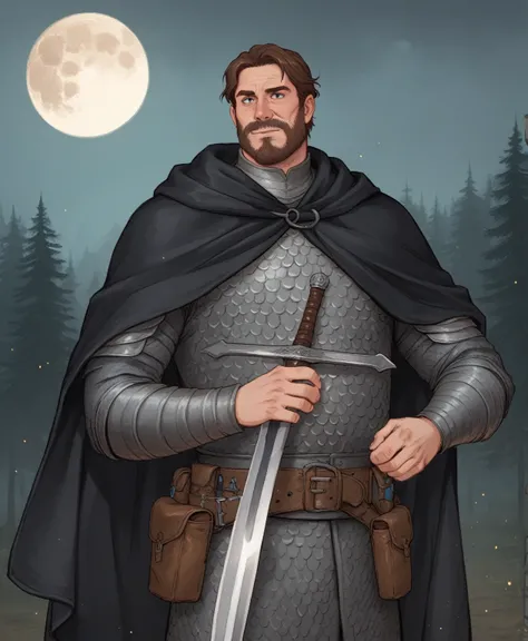 wh33z13, 1male, old man, beard, dressed in medieval leather, holding sword, muscle, grey and brown hair, many wrinkles, wearing a dark cloak, armor, medieval hunter, pouch in belt, night in background, detailed face, dark forest, moon in background, facial...