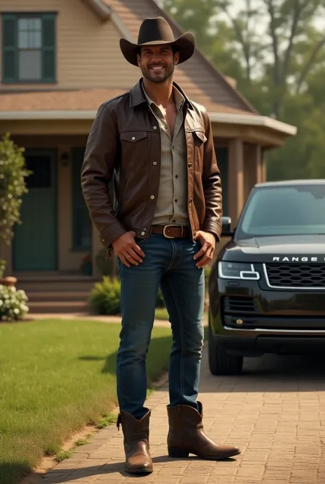 A hot sexy cowboy outside the cute house of his American girlfriend hot smiles flirty mom recharged in his Range Rover waiting for his girlfriend