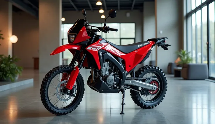 Here is the image of the 2025 Honda CRF 300 Rally motorcycle in the showroom setting. Let me know if you need any adjustments or further assistance!