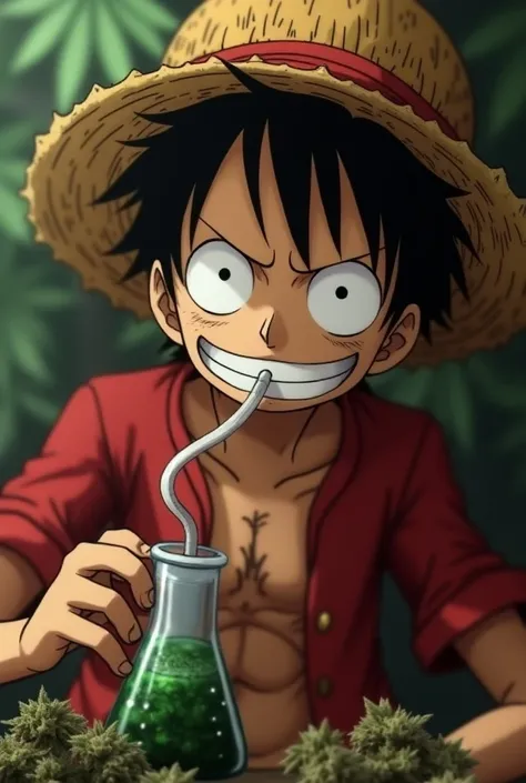 A character from one peice anime  monkey d luffy smoking weed getting stoned and has bong and marijuana give a good definition his eyes need to be red stoned and marijuana need to be seen like more realistic give some stamps