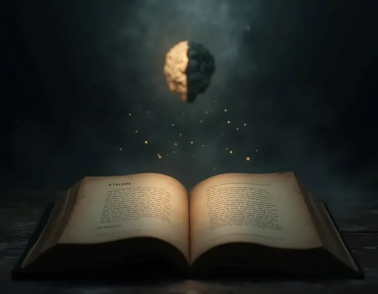 Dark, introspective image of an old open book, with a quote from Machiavelli softly illuminated. The surrounding environment is shadowy, with a subtle dust effect to add an air of mystery. In the background, an abstract representation of a brain or a human...