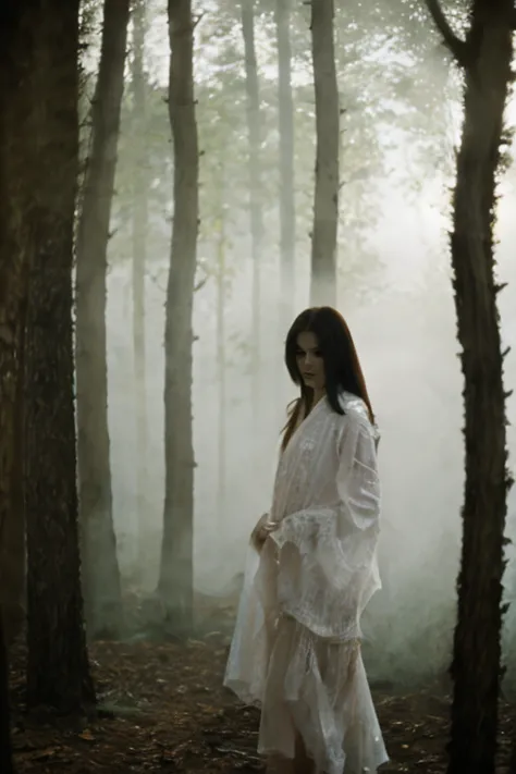 a transparent spooky ghost of woman wearing white with blood stain on the fabric, no legs, no feet, floating on air in a haunted forest, ethereal, misty, glowing, long black hair, pale white skin, surrounded by wispy fog, moonlight shining through the tree...