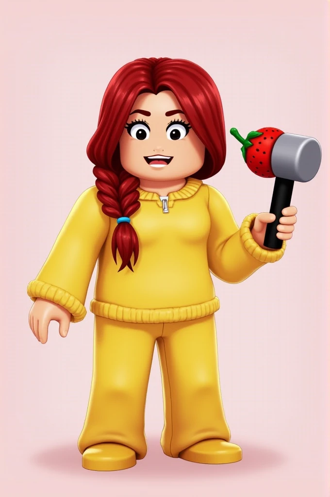 The name of the game is Roblox what do you do she has red hair she wears a strawberry sledgehammer then she puts it in her hand she has a yellow chick blouse and yellow chick pants then her hair is tied and her link is Lulu_77084