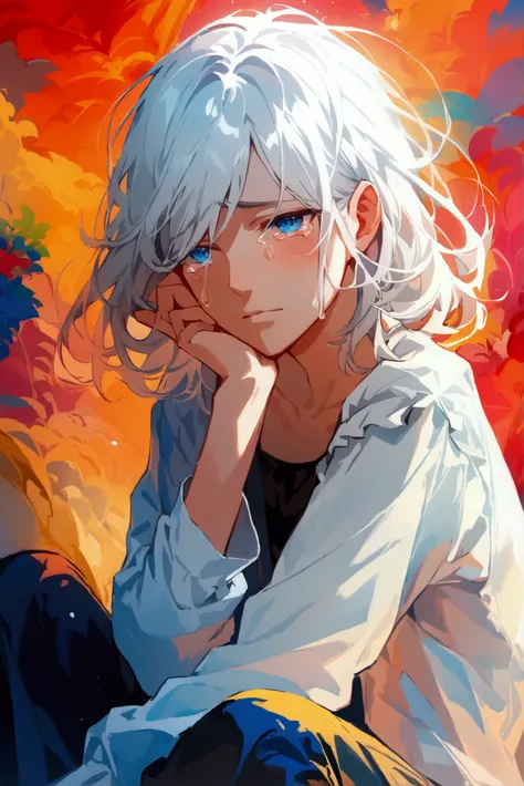 He sits with his hands on his chin and his head tilted to the left, 512x512, avatar, Girl, white hair, fair skin, blue eyes, sad eyes, tears under the eyes, sad face, crying, one picture