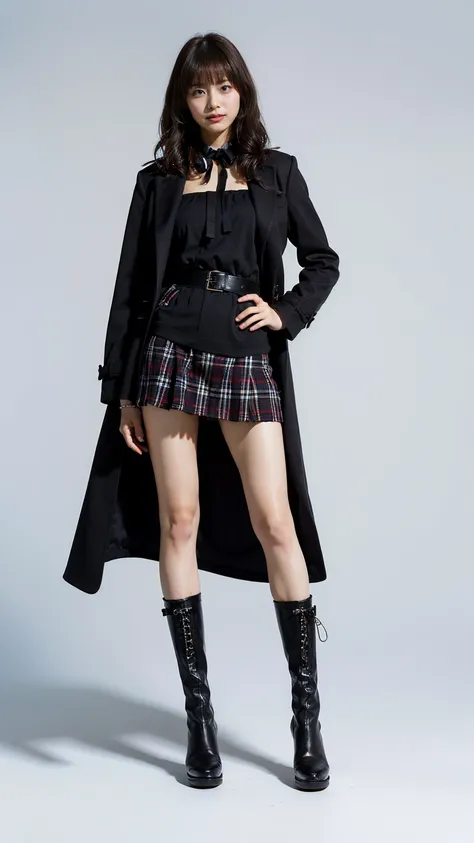 (8k、RAW photo、Best Quality、masterpiece:1.2)、(Realistic、Realistic)、1 person、((Black Dress、Long coat、 plaid mini skirt 、 big breasts at the temple、 medium hair、Black boots、smile、Thin legs、Ribbon on waist、white background、whole body、 standing with hands on hi...