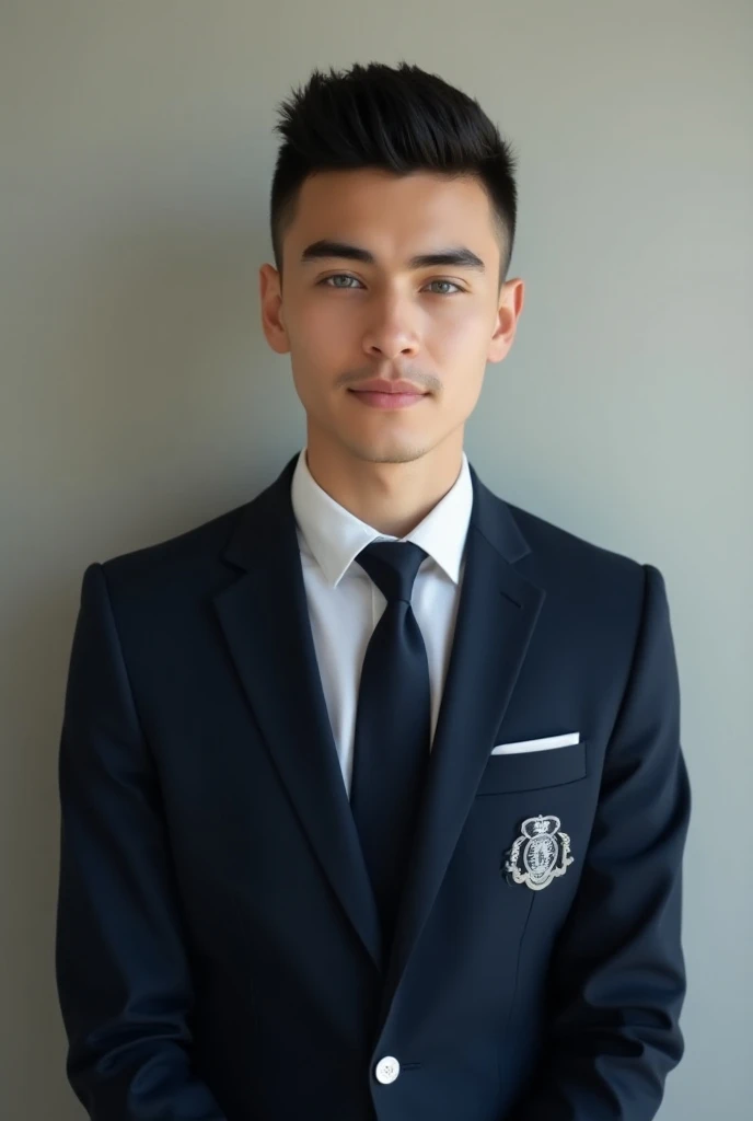 20yo italian-australian male, black crew cut hair, blue eyes, privite university uniform, posing for a photo 